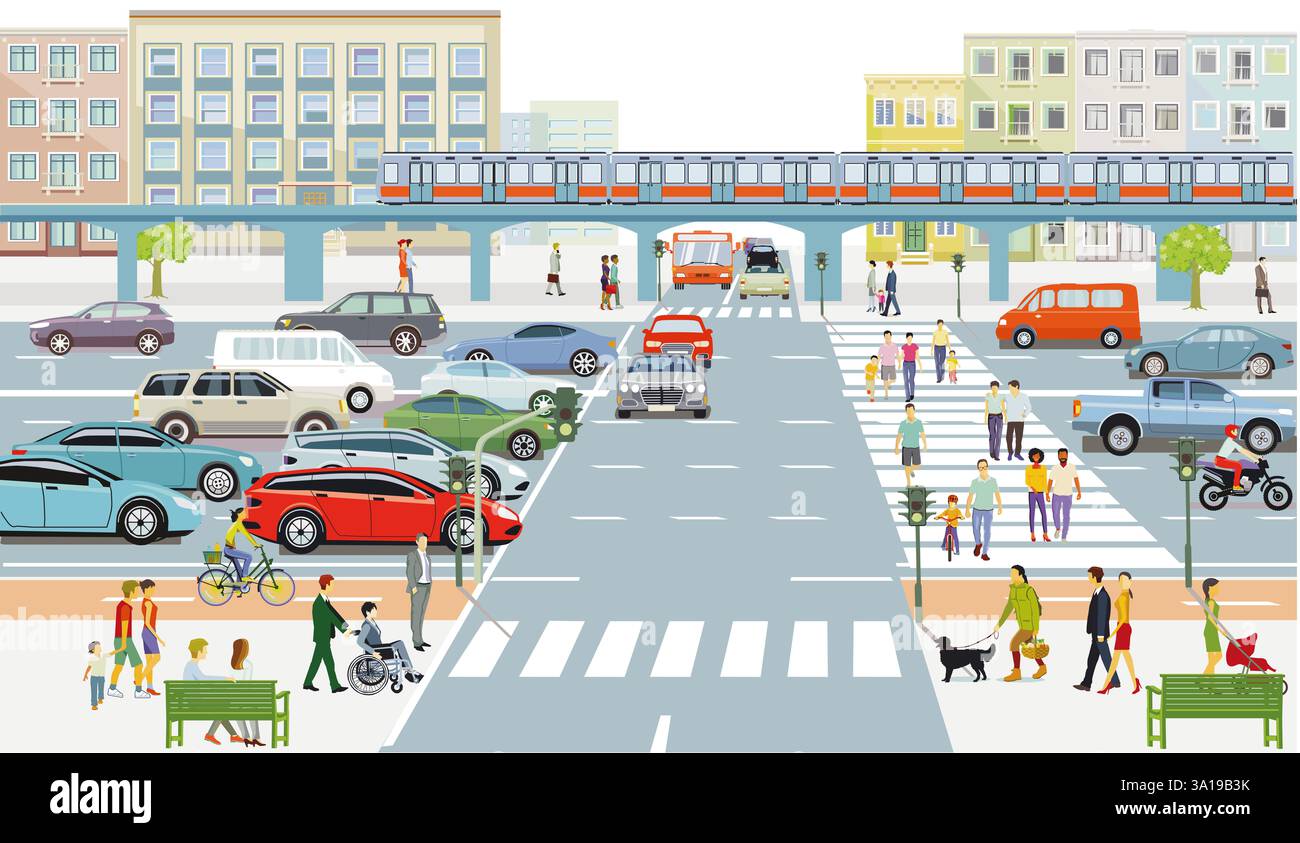 Stadtsilhouette einer Stadt mit Verkehr und Menschen, Illustration Stockfoto