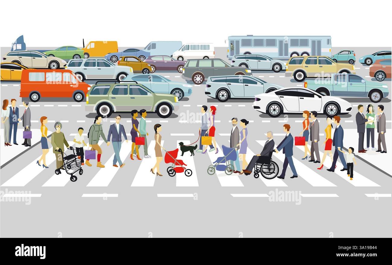 Stadtsilhouette einer Stadt mit Verkehr und Menschen, Illustration Stockfoto