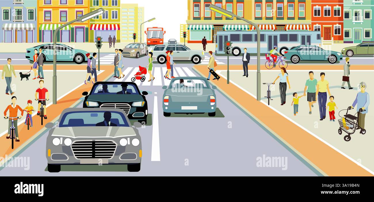 Stadtsilhouette einer Stadt mit Verkehr und Menschen, Illustration Stockfoto