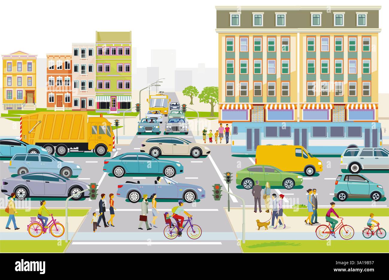 Stadtsilhouette einer Stadt mit Verkehr und Menschen, Illustration Stockfoto