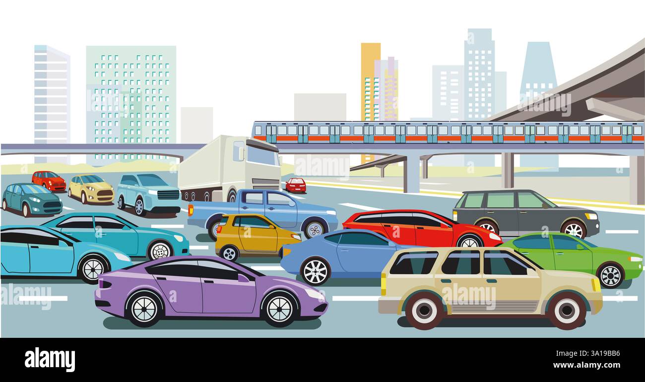 Skyline einer Stadt mit Verkehr, Illustration Stockfoto