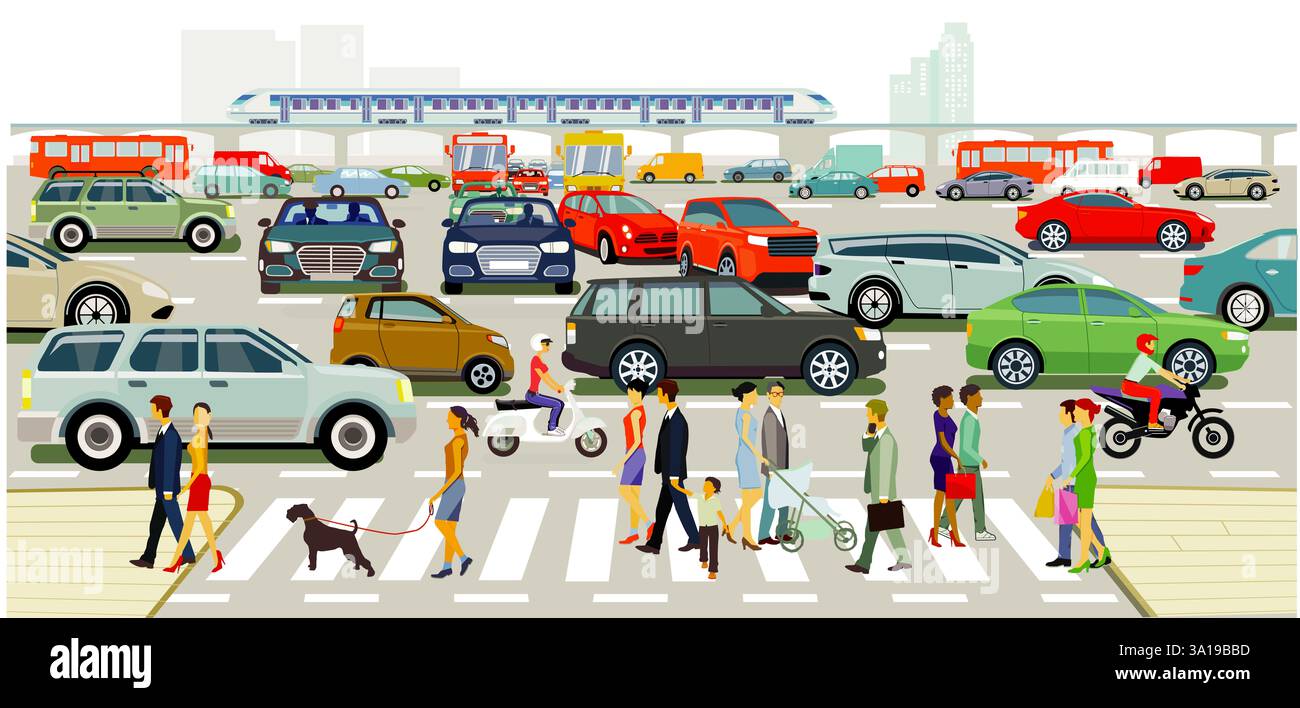 Skyline einer Stadt mit Verkehr und Menschen, Illustration Stockfoto