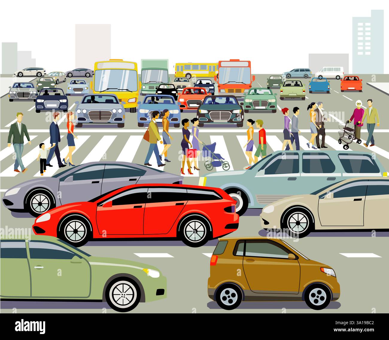 Stadtsilhouette einer Stadt mit Verkehr und Menschen, Illustration Stockfoto