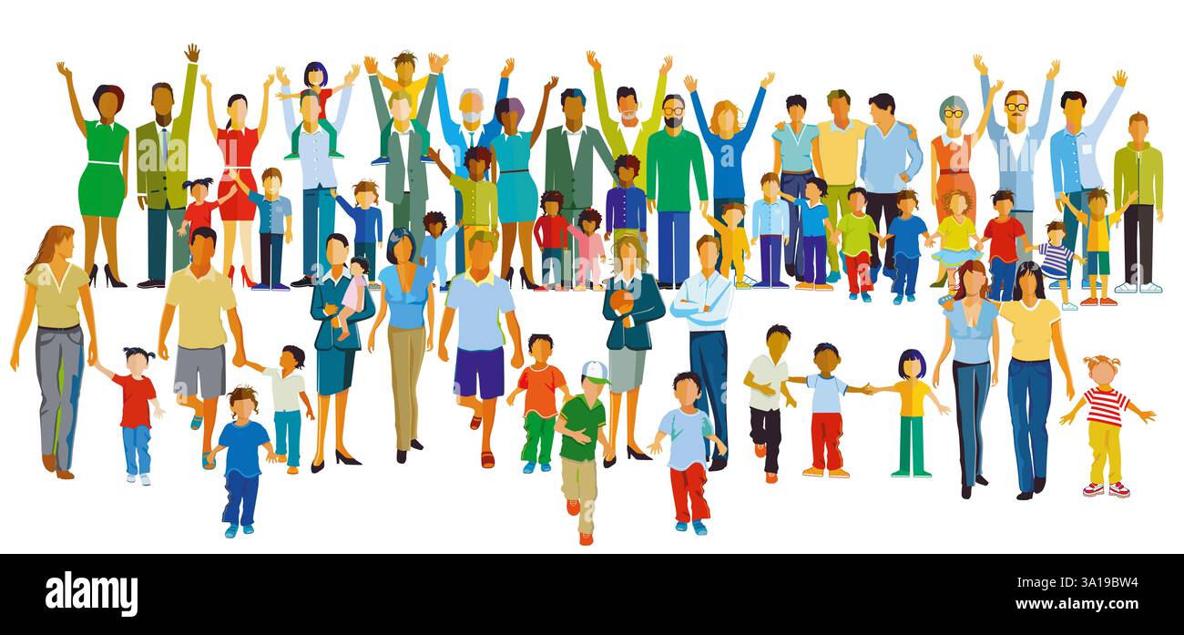 Eine sehr große Gruppe von Eltern mit Kindern, isolierte Illustration Stockfoto