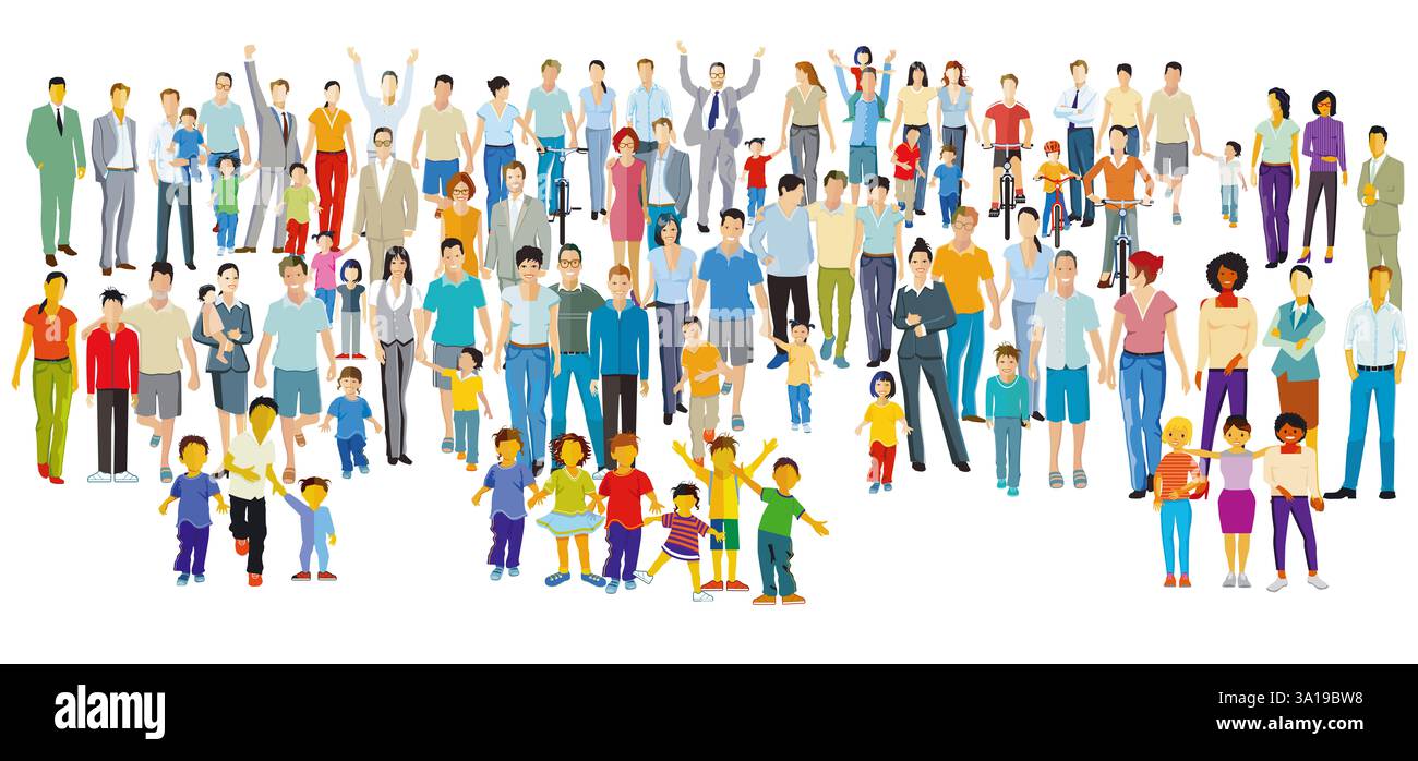 Eine sehr große Gruppe von Eltern mit Kindern, isolierte Illustration Stockfoto