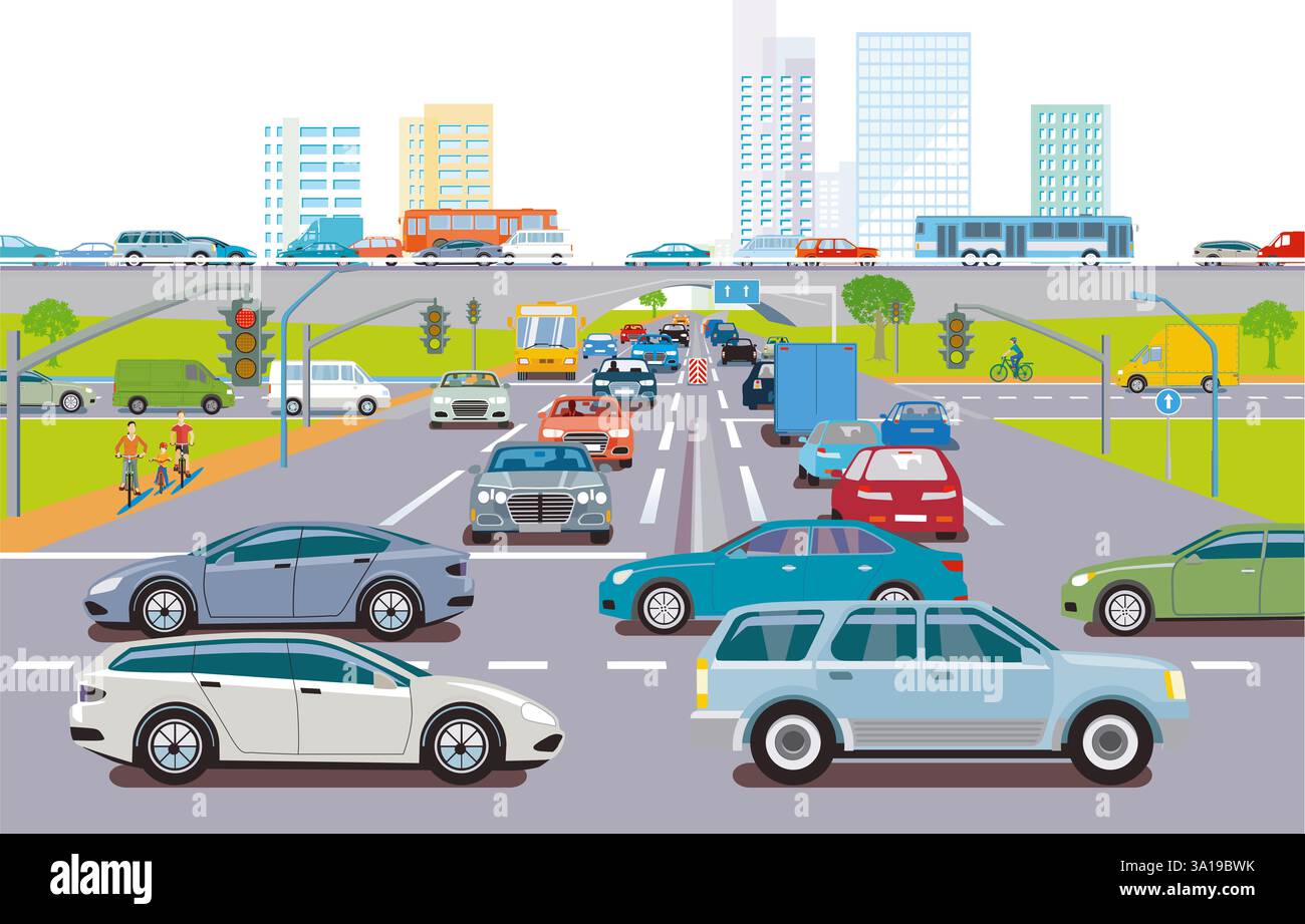 Stadtsilhouette einer Stadt mit Verkehrsstaus, Illustration Stockfoto