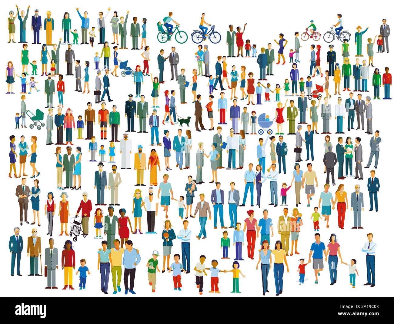 Eine sehr große Gruppe von Menschen mit Eltern und Kindern, isolierte Illustration Stockfoto