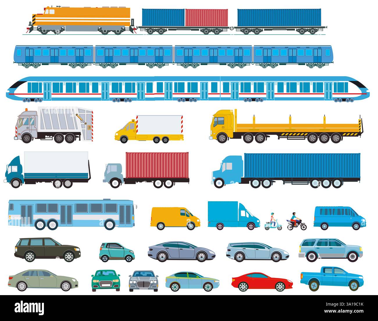 Sammlung von LKWs und Autos, Zügen, Bussen und Lieferwagen, isoliert, Illustration Stockfoto