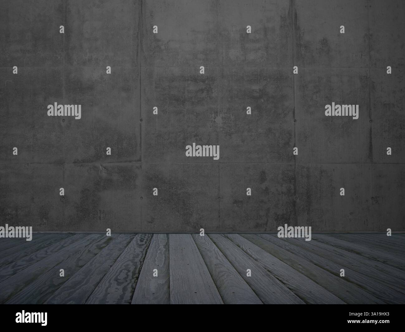 Leeres Zimmer mit Steinmauer und grauem Holzboden Stockfoto