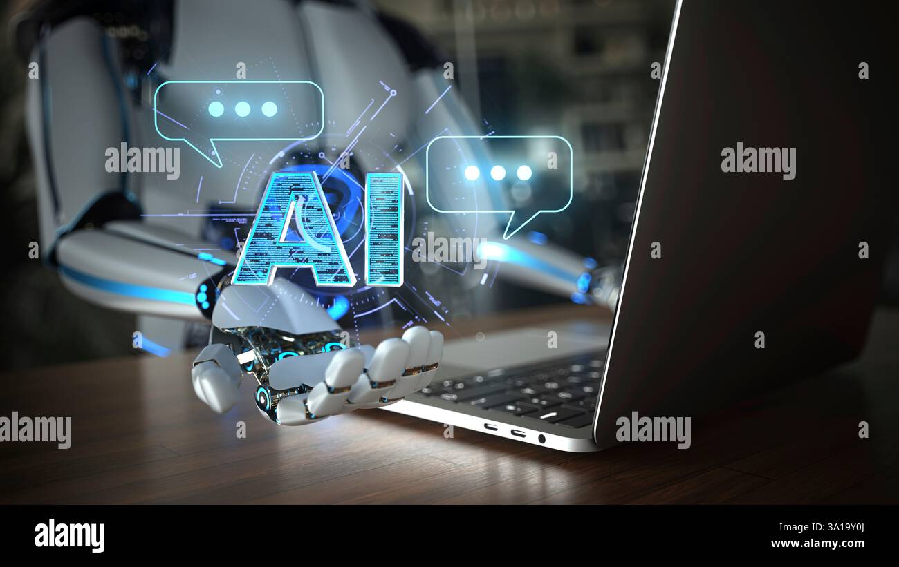 Humanoider Roboter hilft beim Erstellen der Texte. 3D Abbildung. Stockfoto