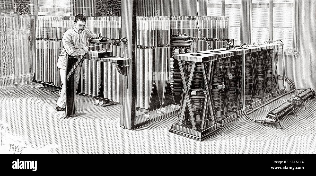 Deutsche drahtlose Telegrafenstation in Nauen. Nauen Stromverteilung. Ursprünglicher 25 kW Funkenspaltgeber aus dem Jahr 1906 mit großer 400 μF Leyden-Gefäß-Kondensatorbank und vertikalen Funkenspalten. Alte Kupferstichzeichnung aus dem 19. Jahrhundert von Louis Poyet (1846 - 1913) aus La Nature 1907 Stockfoto