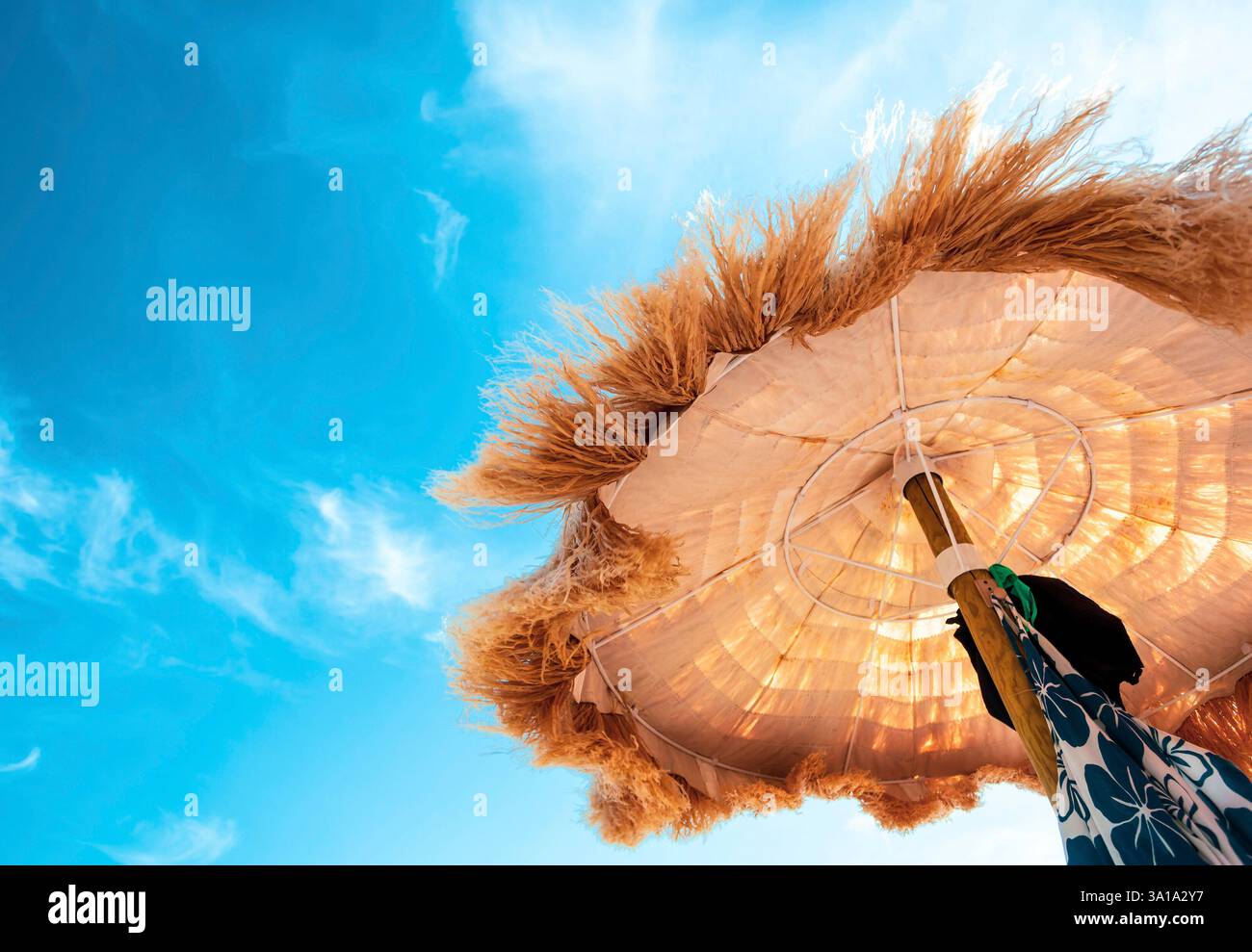 Ansicht von Unten Der schöne strohgedeckten Sonnenschirmen am Strand, tolle Erholung und Entspannung. Stockfoto