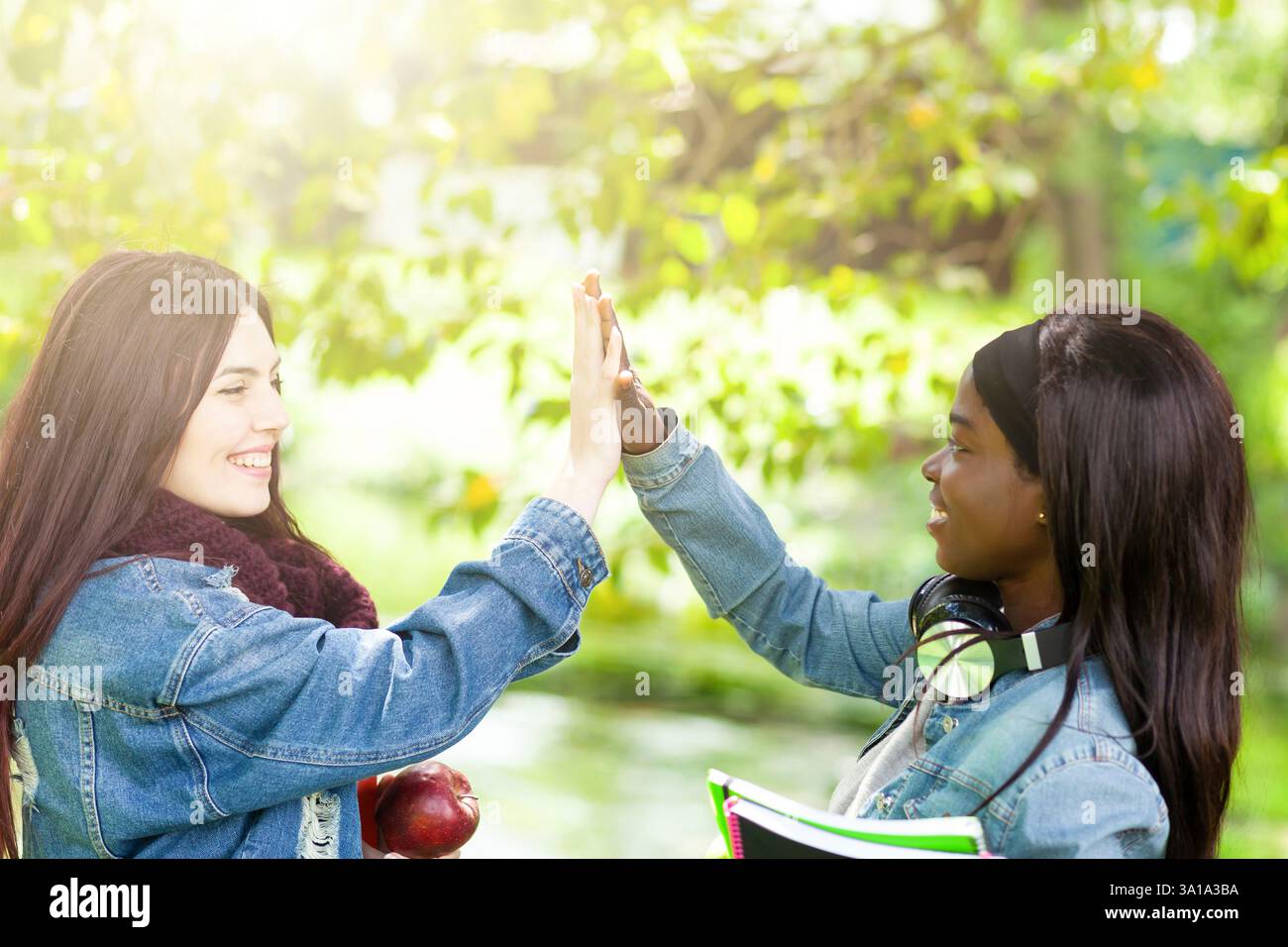 Weiße Kaukasier und schwarzen afrikanischen amerikanischen Studenten halten sich an den Händen zusammen in der Welt einheit Rasse Liebe und Verständnis. Stockfoto