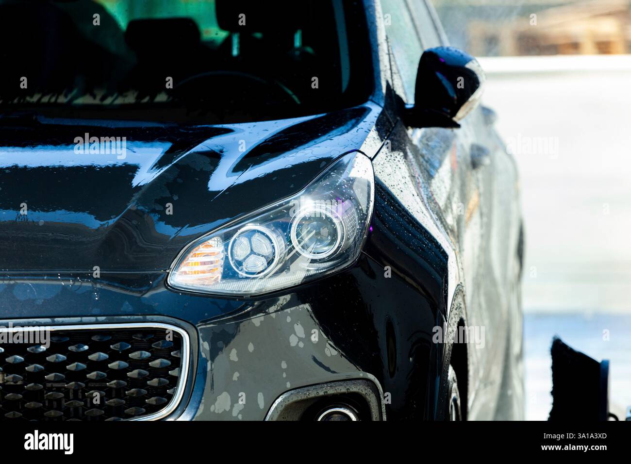 Glänzendes schwarzes Auto, das in einer professionellen Autowaschanlage von Schmutz befreit wird Stockfoto