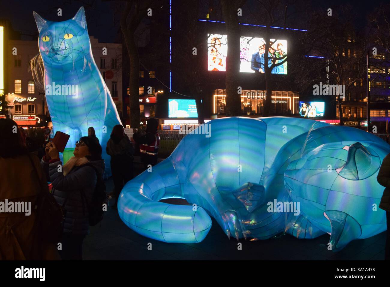 London, Großbritannien. März 2025. Kunstinstallation inspiriert von Schrodingers Katze im Piccadilly Circus, Teil von Piccadilly UN:plugged kuratiert von Nelly Ben Hayoun-Stepanian, Gründer des International Space Orchestra der NASA. Quelle: Vuk Valcic/Alamy Live News Stockfoto