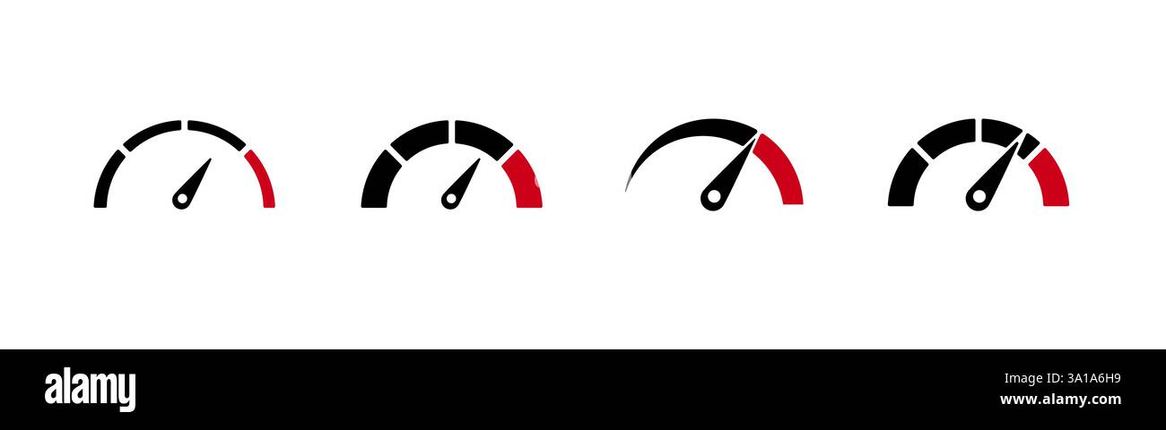 Vier einfache rote und schwarze Tachometersymbole werden in verschiedenen Designstilen und -Positionen angezeigt Stock Vektor