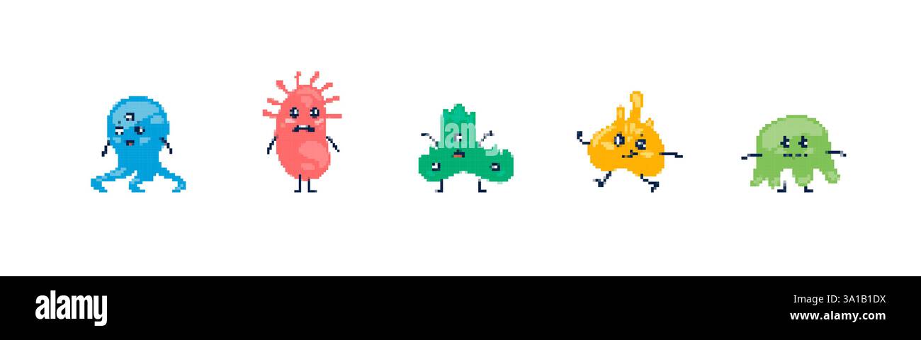 Niedliche bunte, pixelige Monster in verschiedenen Formen und Ausdrucksformen Stock Vektor