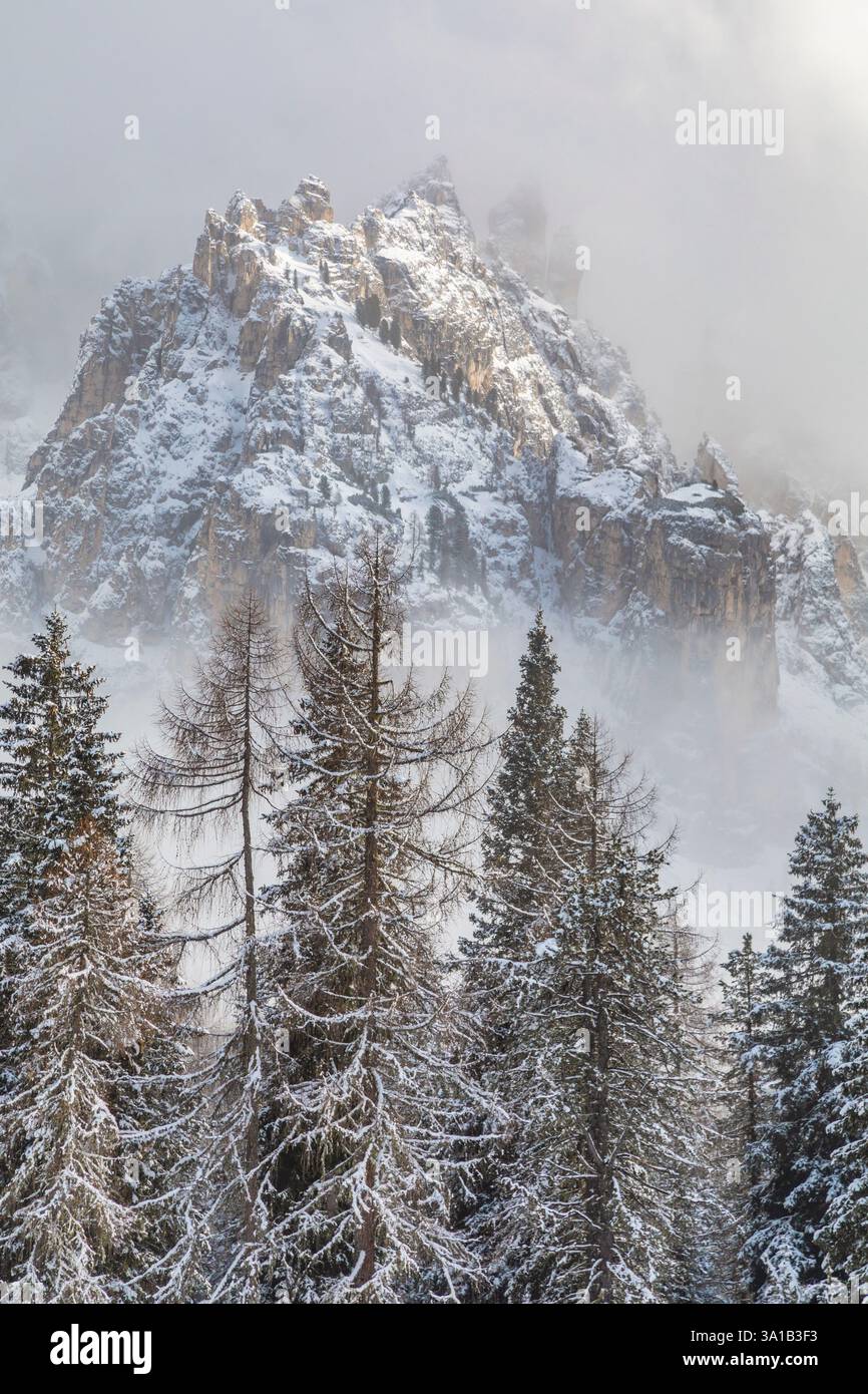 Cima d'Antorno, ein Gipfel des Cadini di Misurina, im Winter vom See Antorno aus gesehen nach einem Schneefall, Dolomiten, Auronzo di Cadore, Provinz Belluno, Veneto, Italien Stockfoto