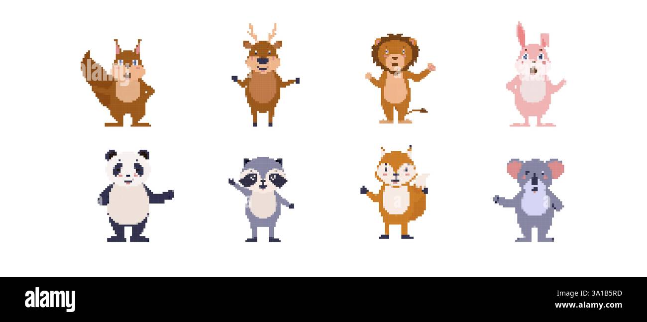 Pixel Art Animals Sammlung mit niedlichen Eichhörnchen Hirsch Löwe Kaninchen Panda Waschbär Koala Stock Vektor