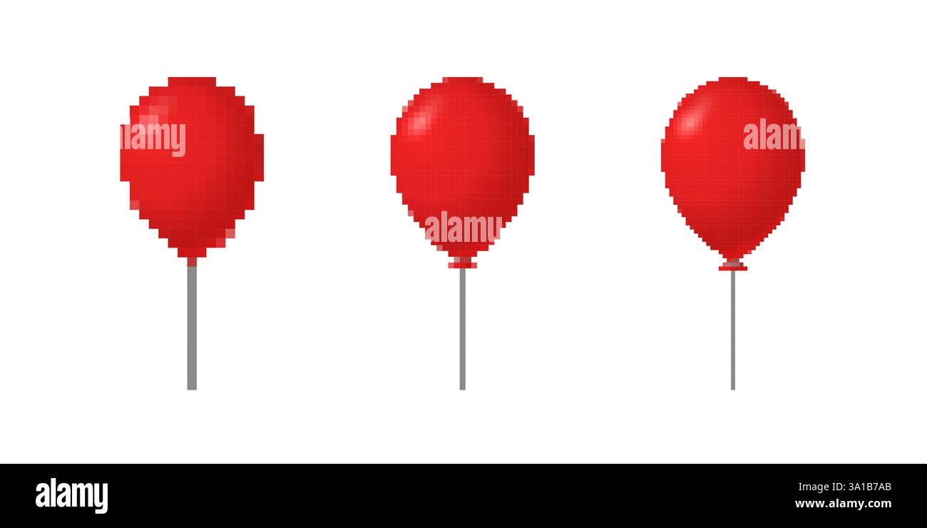 Drei rote Ballons Pixel Art Stil in verschiedenen Stadien der Inflation Stock Vektor