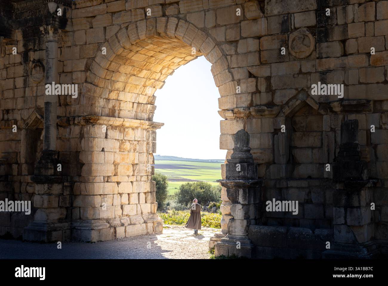 Volubilis, ein UNESCO-Weltkulturerbe in der Nähe von Meknes, Marokko, ist eine gut erhaltene römische Stadt mit Ruinen, die das Erbe des Römischen Reiches im Norden zeigen Stockfoto