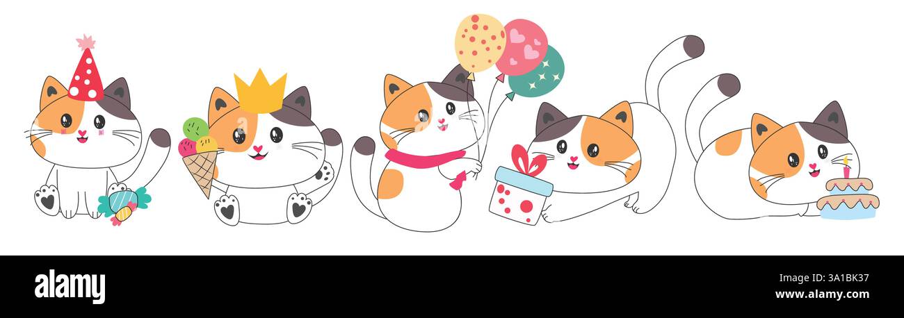 Katze Geburtstagsparty Clipart Zeichensatz. Niedliche Katzenfigur mit fröhlichem, genussvollem und entzückendem Lächeln mit Partyelementen in niedlicher Style-Skizze Stock Vektor