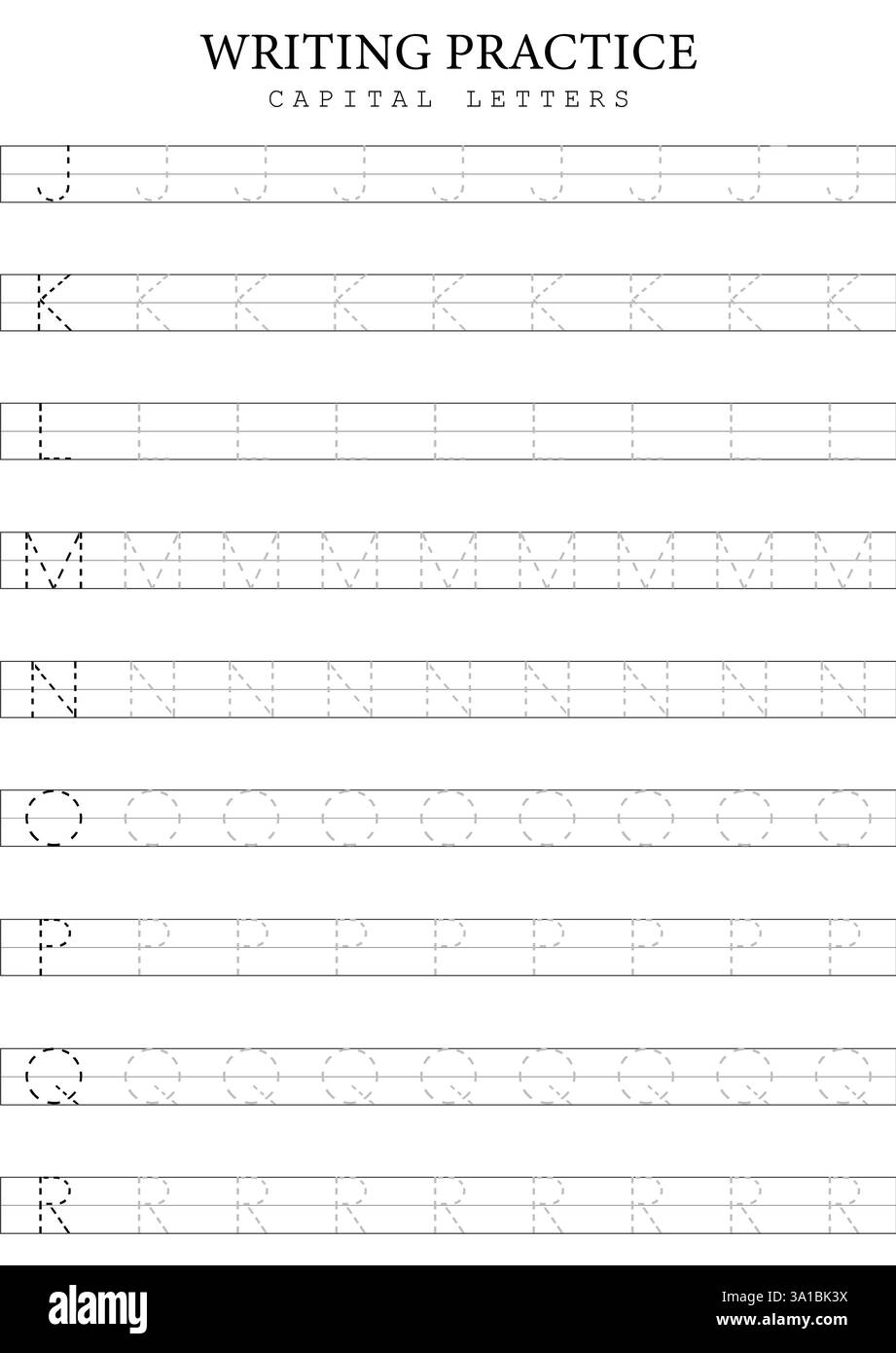 Großbuchstaben Tracing 1 R bis J Vorlage für Kinder, einfaches Vektor-Alphabet Schreibübungsblatt Stock Vektor