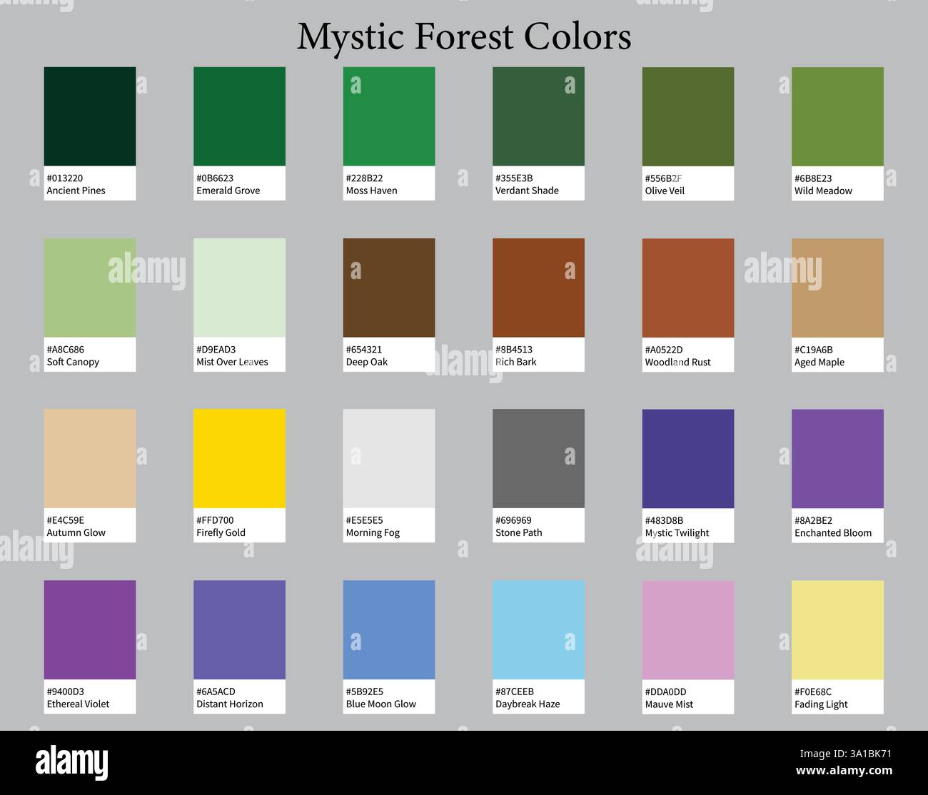Farbpaletten 24 Farben von Mystic Forest - Wald, tief, erdig, hell - mit HEXADEZIMALCODES und Namen, Farbschema und Kombinationen Stock Vektor