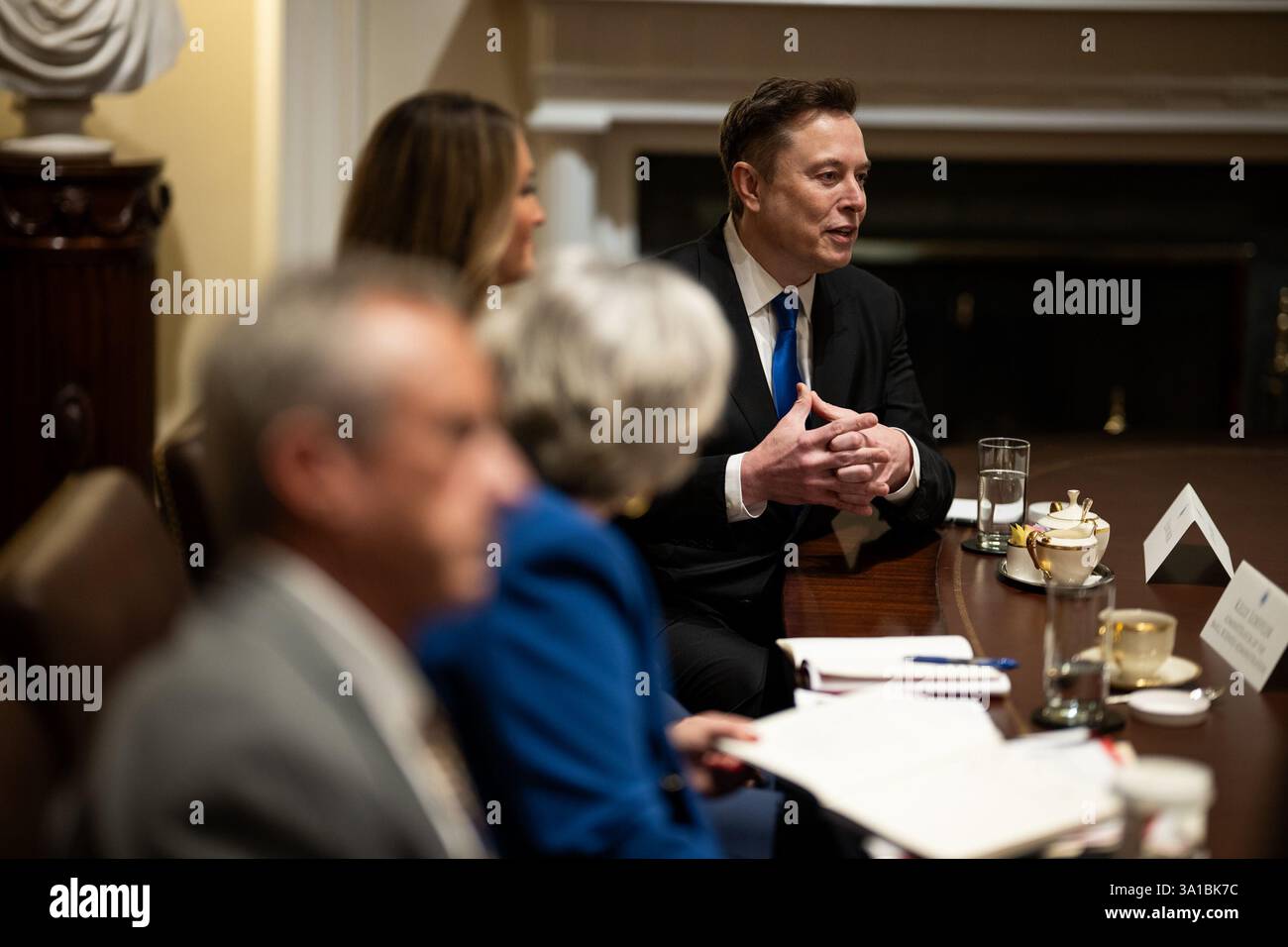 DOGENFÜHRER Elon Musk spricht, als Präsident Donald Trump am Donnerstag, den 6. März 2025, mit seinem Kabinett im Kabinettsraum des Weißen Hauses zusammentrefft. (Offizielles Foto des Weißen Hauses von Daniel Torok) Stockfoto
