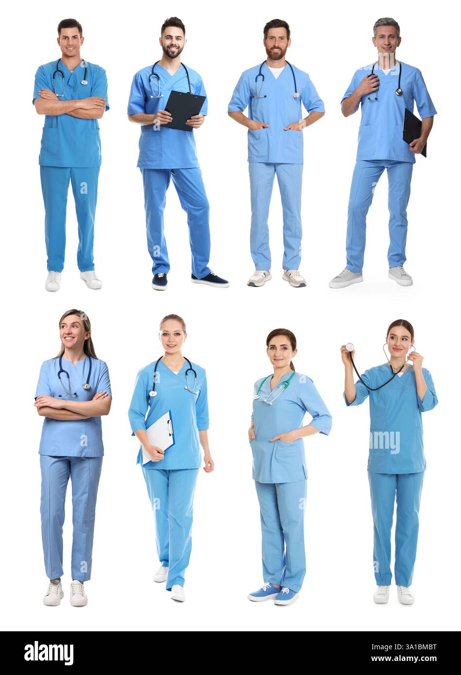 Medizinische Krankenschwestern in Uniformen auf weißem Hintergrund, Set Stockfoto