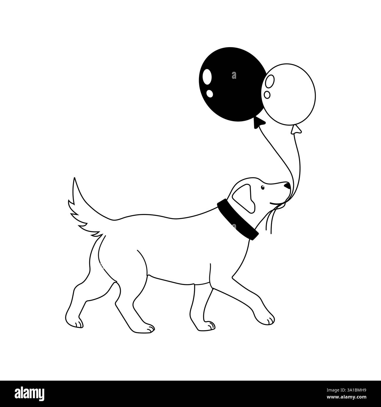 Der Hund läuft glücklich, während er Ballons im Mund trägt, während er einen spielerischen Moment verspielt Stock Vektor