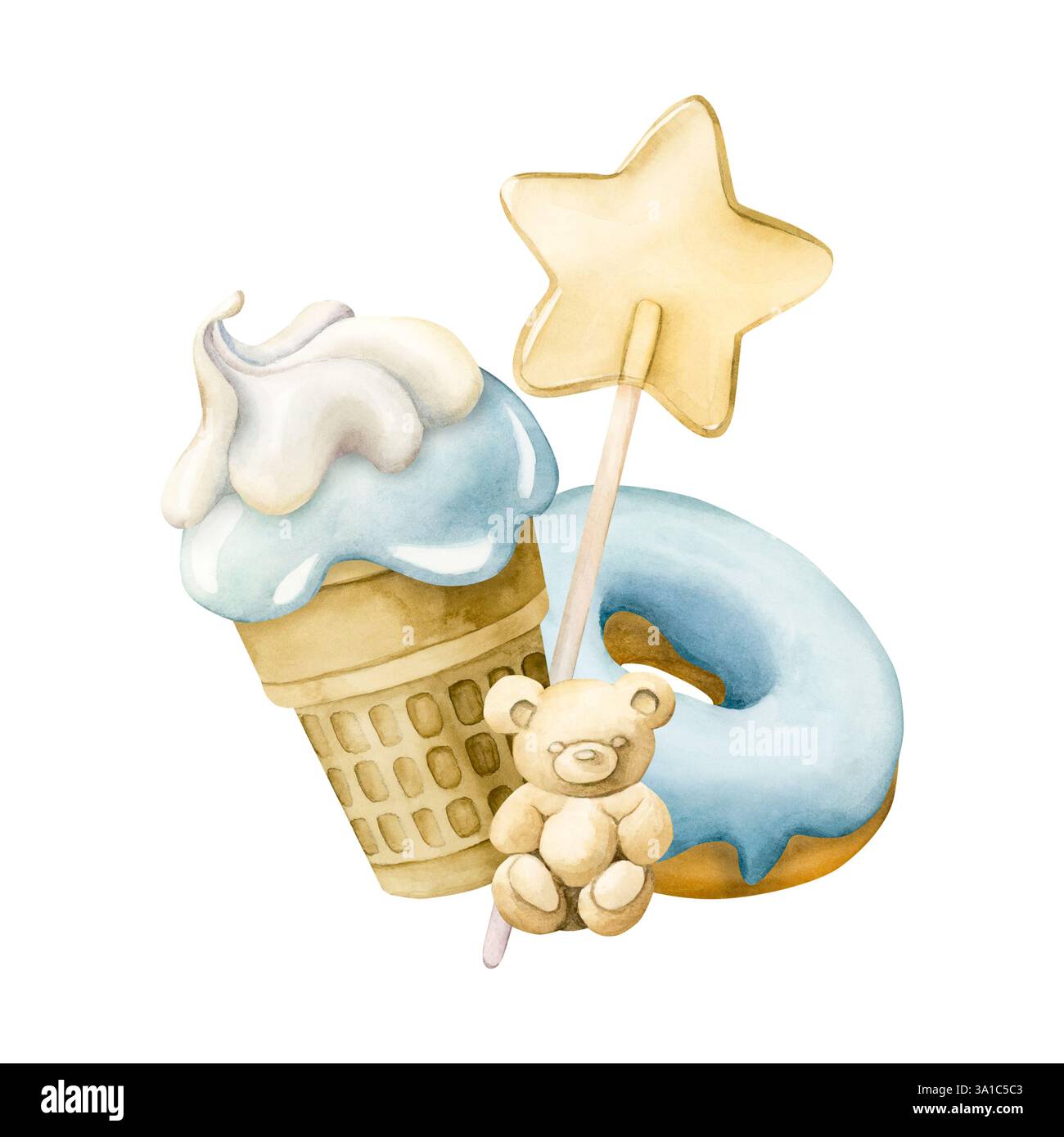 Niedliche Eiscreme Waffelbecher, blauer Donut, Lutscher und weißer Schokoladenbär. Aquarell handgemalte Lebensmittelillustration isoliert auf weißem Hintergrund für k Stockfoto