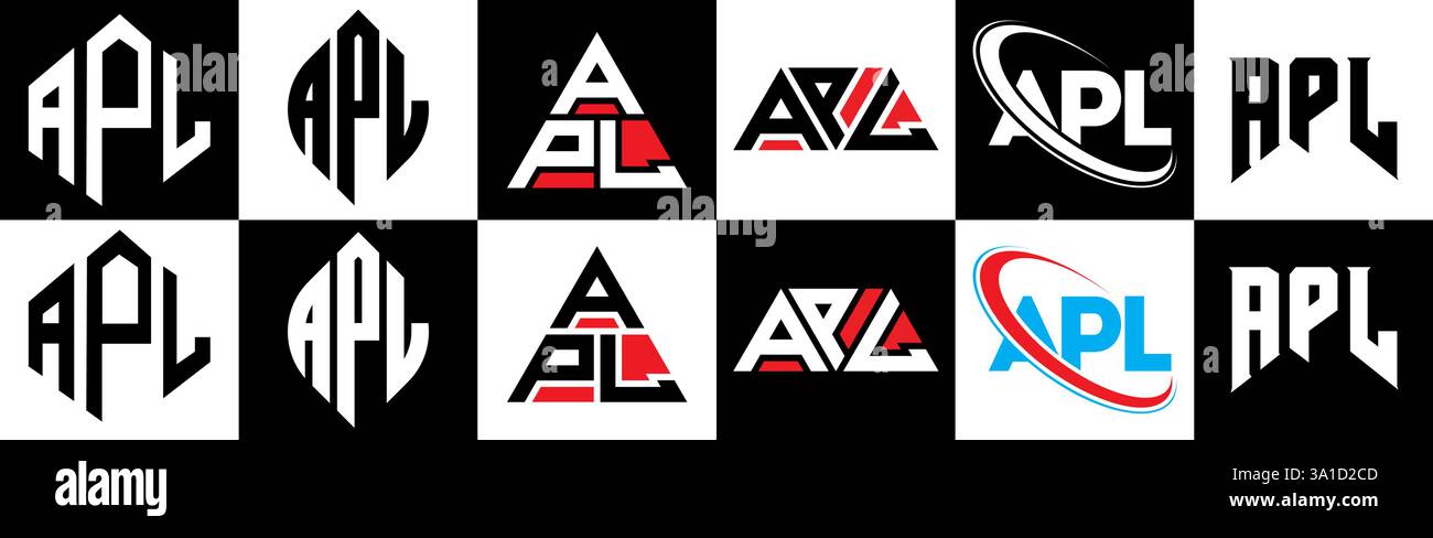 APL Letter Logodesign im 6er-Stil. APL-Polygon, Kreis, Dreieck, Sechseck, flach und schlicht mit schwarz-weißem Schriftzug Stock Vektor