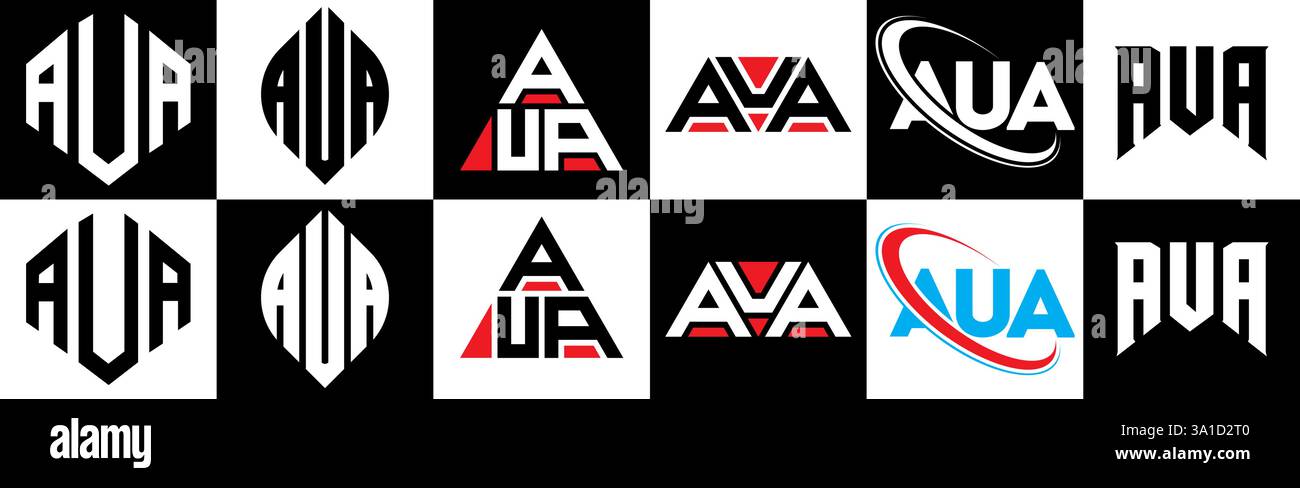 AUA Letter Logodesign im 6er-Stil. AUA-Polygon, Kreis, Dreieck, Sechseck, flach und schlicht mit schwarz-weißem Schriftzug Stock Vektor