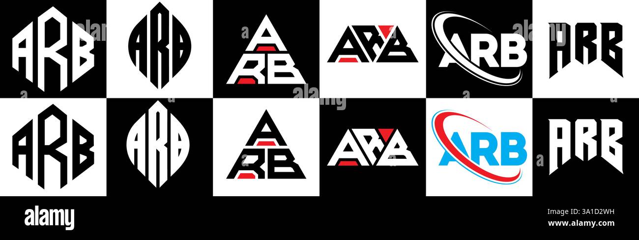 Design mit ARB Letter-Logo im Six-Stil. ARB Polygon, Kreis, Dreieck, Sechseck, flach und schlicht mit schwarz-weißem Schriftzug Stock Vektor