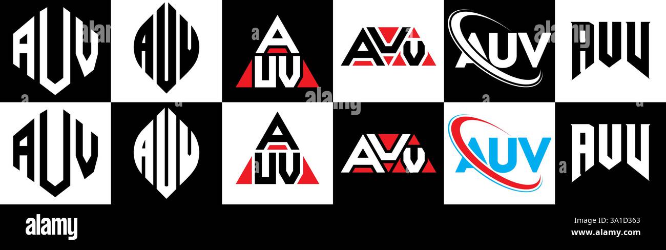 AUV-Letter-Logodesign im 6-Stil. AUV-Polygon, Kreis, Dreieck, Sechseck, flacher und einfacher Stil mit schwarzem und weißem Buchstaben-Logo in verschiedenen Farben Stock Vektor