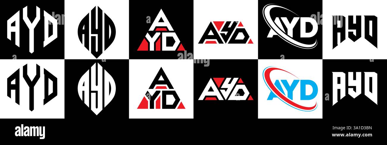 AYD-Letter-Logo im 6-Stil. AYD-Polygon, Kreis, Dreieck, Sechseck, flach und einfach mit schwarz-weißem Buchstaben-Logo in verschiedenen Farben Stock Vektor