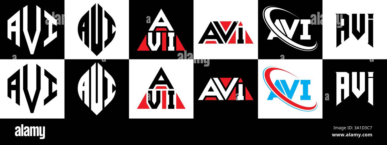 AVI-Letter-Logo im 6-Stil. AVI-Polygon, Kreis, Dreieck, Sechseck, flach und schlicht mit schwarz-weißem Schriftzug Stock Vektor