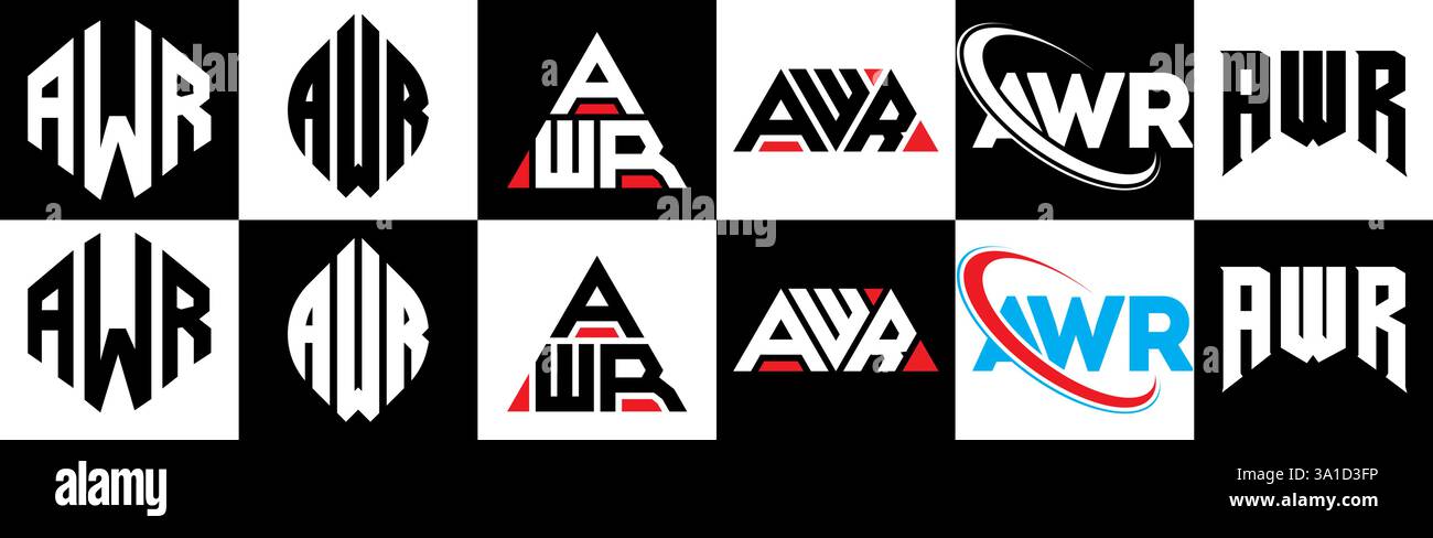 AWR-Letter-Logo im 6er-Stil. AWR Polygon, Kreis, Dreieck, Sechseck, flach und schlicht mit schwarz-weißem Schriftzug Stock Vektor
