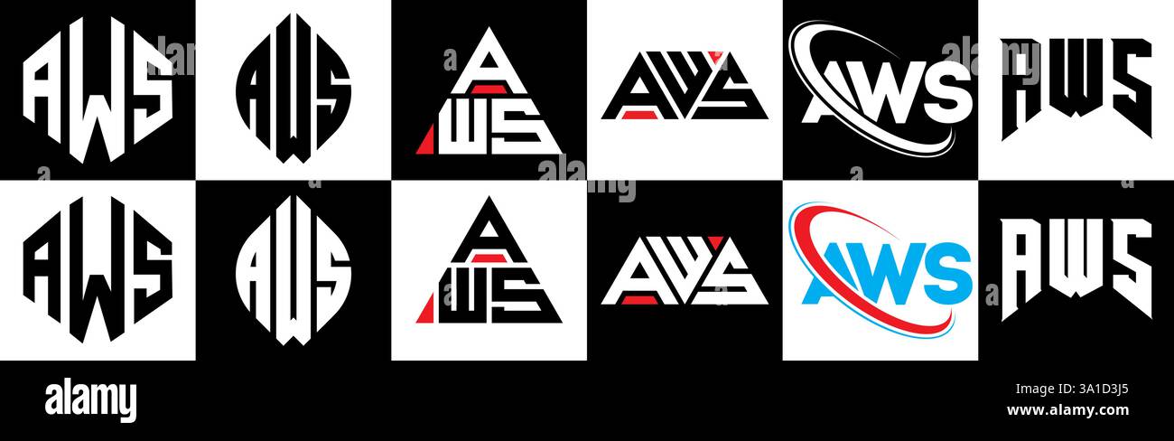 AWS Letter-Logo im 6er-Stil. AWS Polygon, Kreis, Dreieck, Sechseck, flach und einfach mit schwarz-weißem Buchstaben-Logo in verschiedenen Farben Stock Vektor