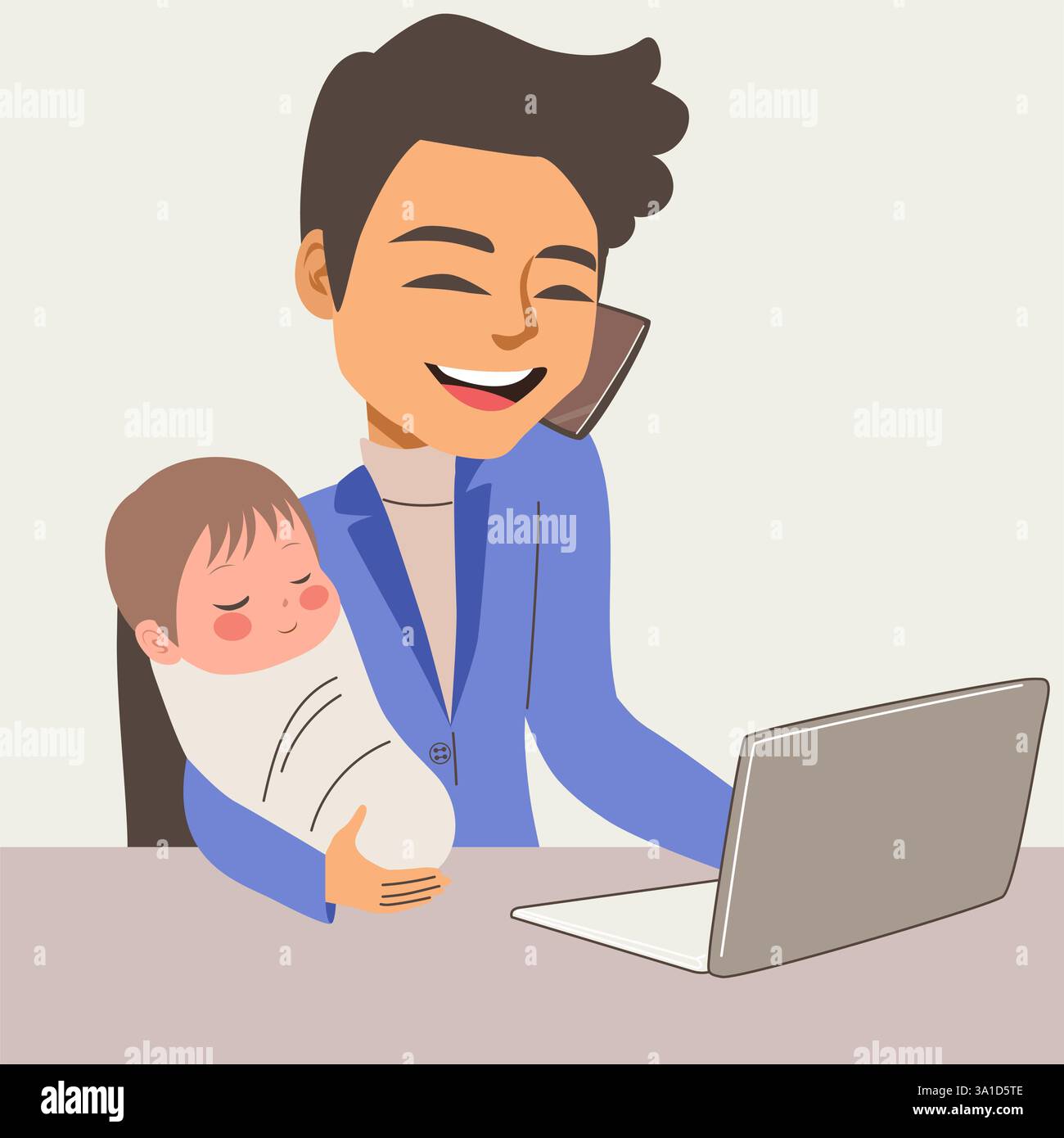 Arbeitender Vater mit friedlicher Baby-Vektor-Illustration. Work-Life-Balance des Mannes im Mutterschaftsurlaubskonzept Stock Vektor