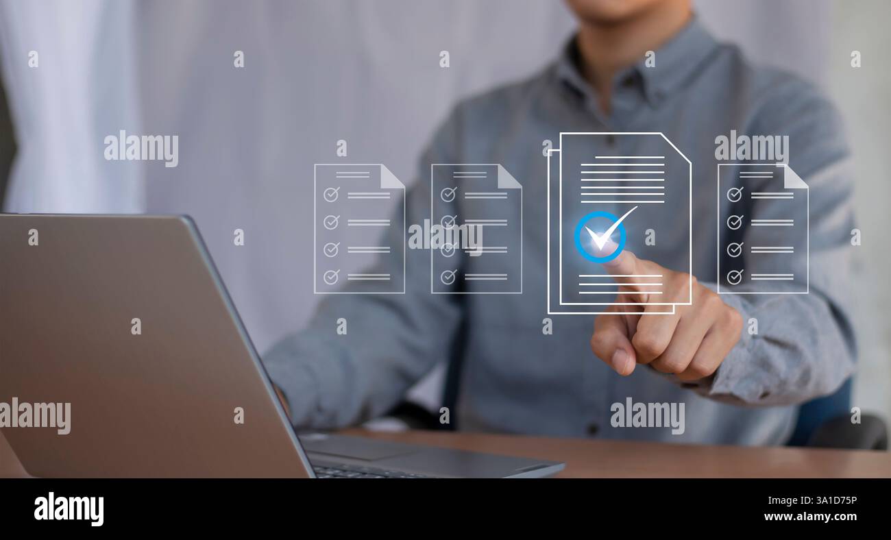 Konzepte und Checklisten für die Verwaltung von Geschäftsdokumenten Daten-Checkliste, Geschäftsentwicklung Schlüsselwörter Sprache: Englisch Stockfoto