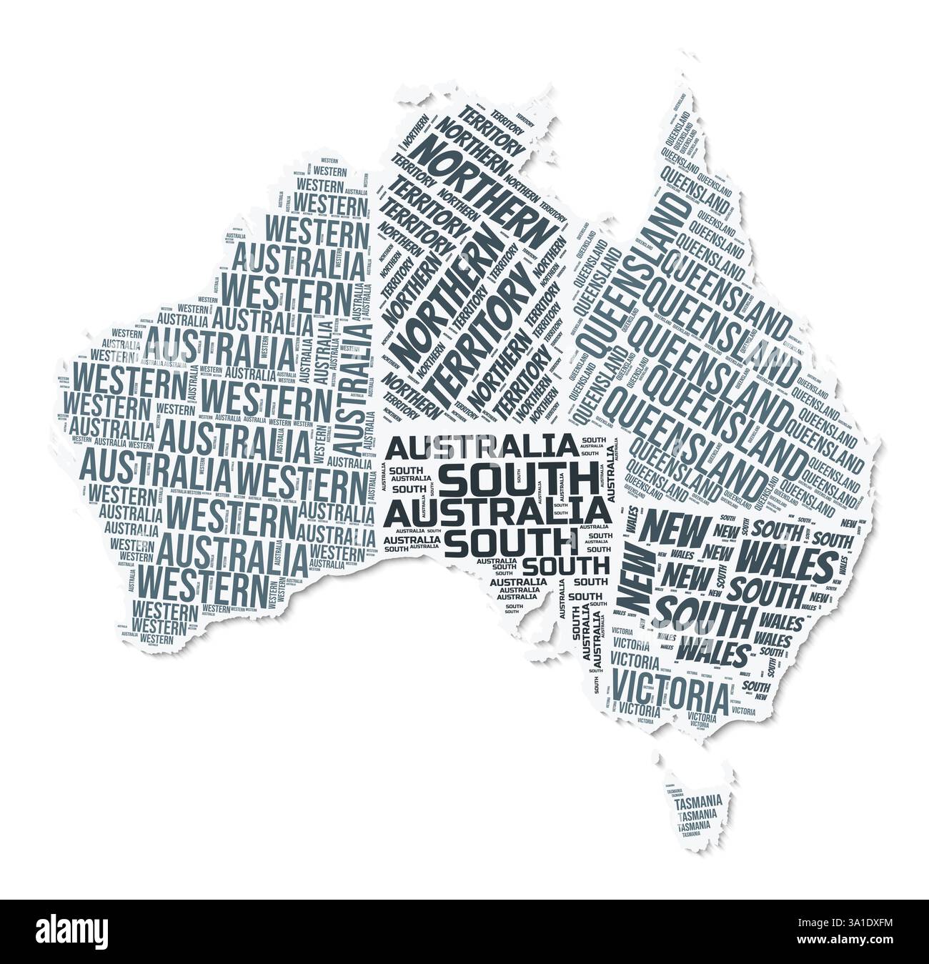 Australien Form Textwolke. Ländergrenze mit Schatten auf weißem Hintergrund. Australien mit Regionen im Vintage gazette-Stil. Stock Vektor