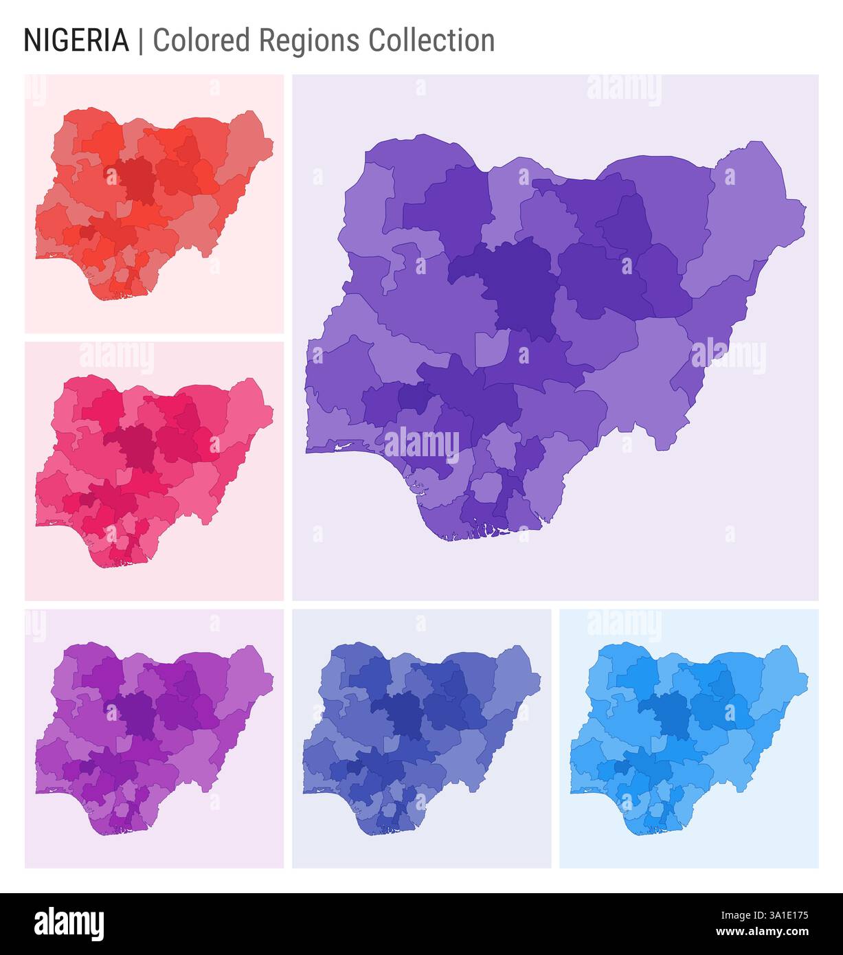 Kartensammlung Nigeria. Länderform mit farbigen Regionen. Dunkelviolett, Rot, Rosa, Lila, Indigo, blaue Farbpaletten. Stock Vektor
