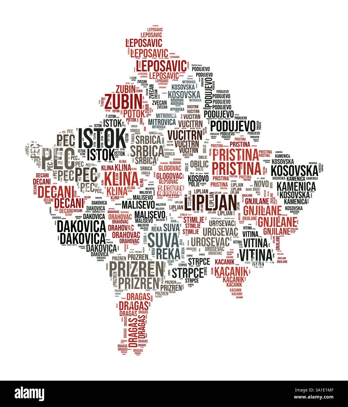 Kosovo Word Cloud. Länderform mit Gebietseinteilung. Kosovo Typografie Stil Bild. Bereichsnamen kennzeichnen Wolken. Vektorabbildung. Stock Vektor