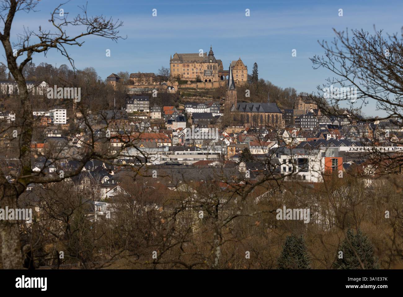 Das Marburger Schloss, auch Landgrafenburg genannt, und die lutherische Pfarrkirche (Mitte) oberhalb der Altstadt Marburgs, Hessen, Deutschland, Europa Stockfoto
