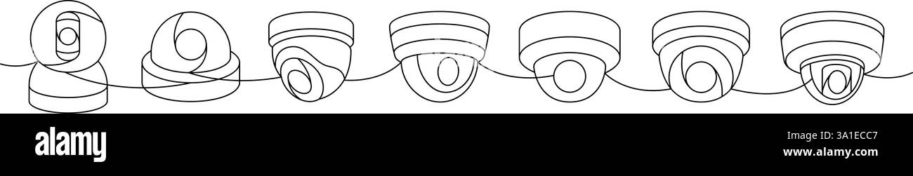 Sicherheitskameras, eine Zeile, fortlaufende Zeichnung. Schutzsystem für Wohnräume. Vektorabbildung. Stock Vektor