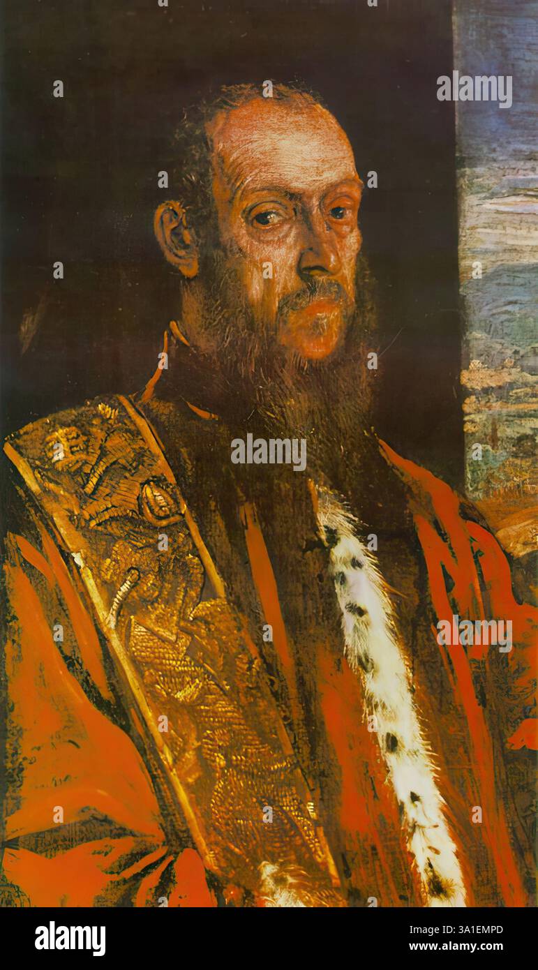 TINTORETTO (* 1518, Venezia, d. 1594, Venezia) Porträt von Vincenzo Morosini um 1580 Öl auf Leinwand, 84,5 x 51,5 cm National Gallery, London der Aufseher dieses Gemäldes wurde durch eine datierte und signierte Kopie identifiziert, die sich heute im Palazzo Ducale in Venedig befindet. Vincenzo Morosin (* 1511) war eine wichtige Persönlichkeit des politischen Lebens in Venedig. 1555 war er Bischof von Bergamo, später Gesandter der Republik und des päpstlichen Hofes. 1588 war er für die Neuorganisation der Universität Padua verantwortlich. Er starb 1588. Dieses Gemälde ist ein Beweis für die außergewöhnlichen Fähigkeiten von Stockfoto