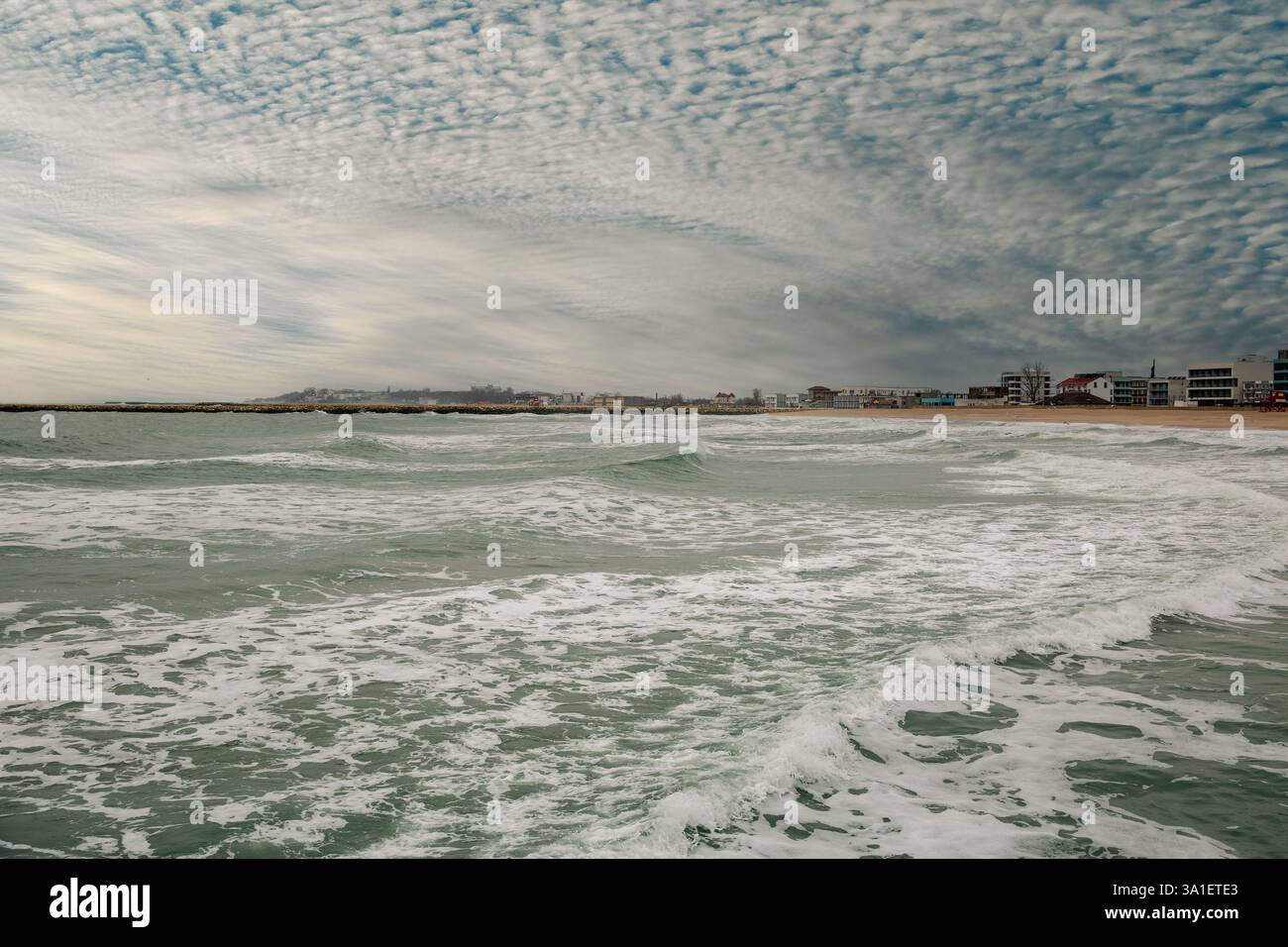 Winter Eforie Nord Strand in Rumänien. Schwarzes Meer. Stockfoto