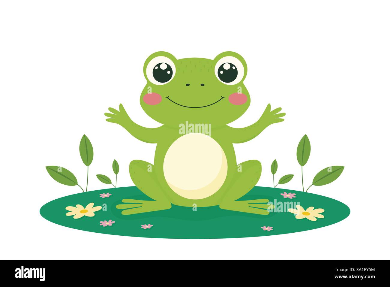 Ein kleiner Frosch, der auf einem Lilienblock sitzt, flache Vektorillustration isoliert auf einem weißen Hintergrund. Stock Vektor